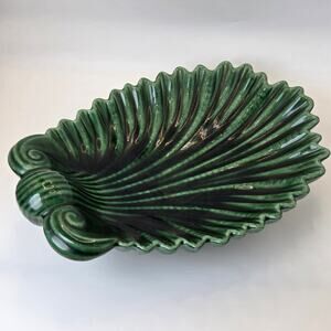 Vintage 1959 Green Glazed Shell Form Footed Art Pottery Dish Centerpiece 11in